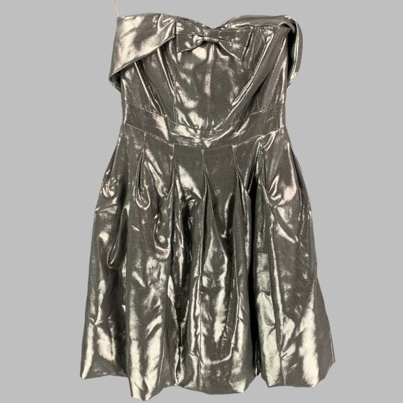 KAREN MILLEN Size 4 Silver Metallic Viscose Blend Strapless Above Knee Dress - Picture 1 of 5